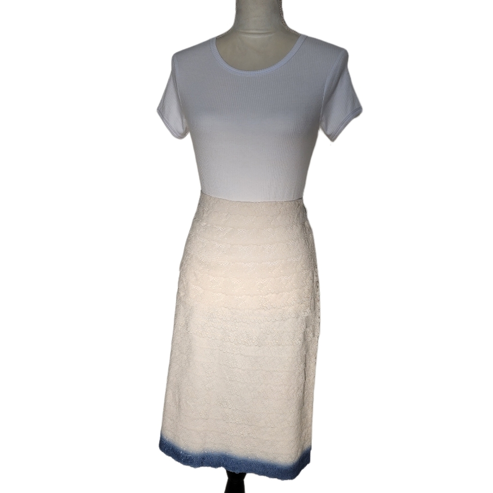 RUTH. Lace Pencil Skirt. Off white & blue. Size 8